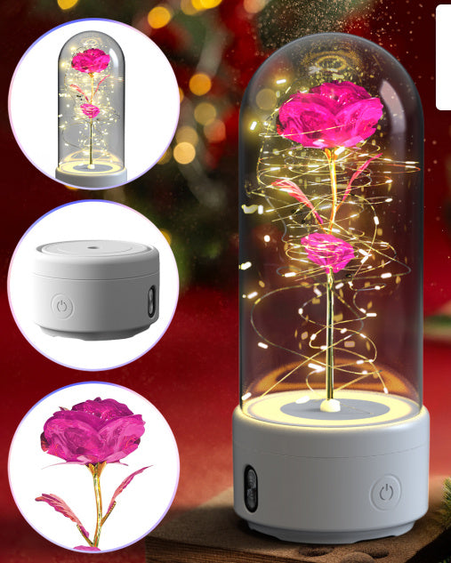 2-in-1 Rose LED Light with Bluetooth Speaker in Glass Dome