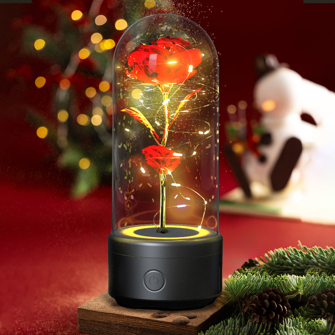 2-in-1 Rose LED Light with Bluetooth Speaker in Glass Dome