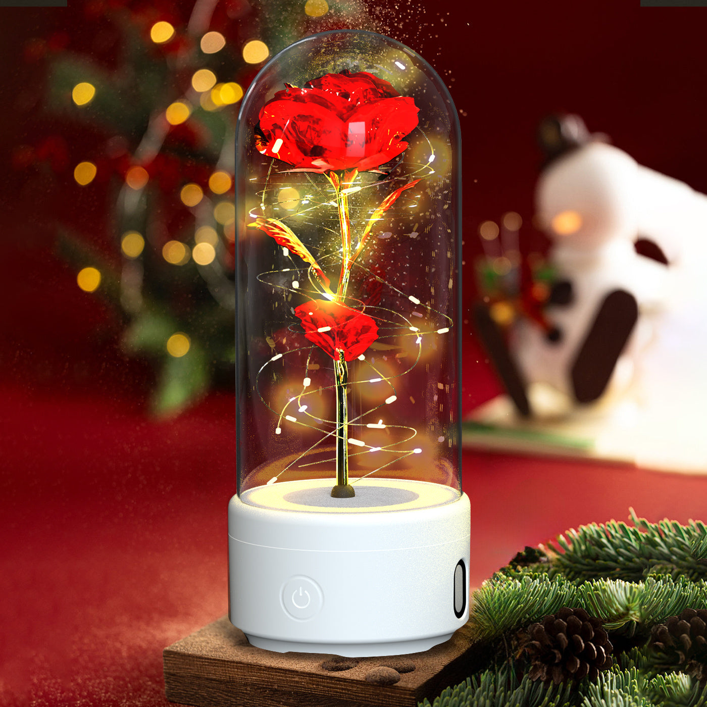 2-in-1 Rose LED Light with Bluetooth Speaker in Glass Dome