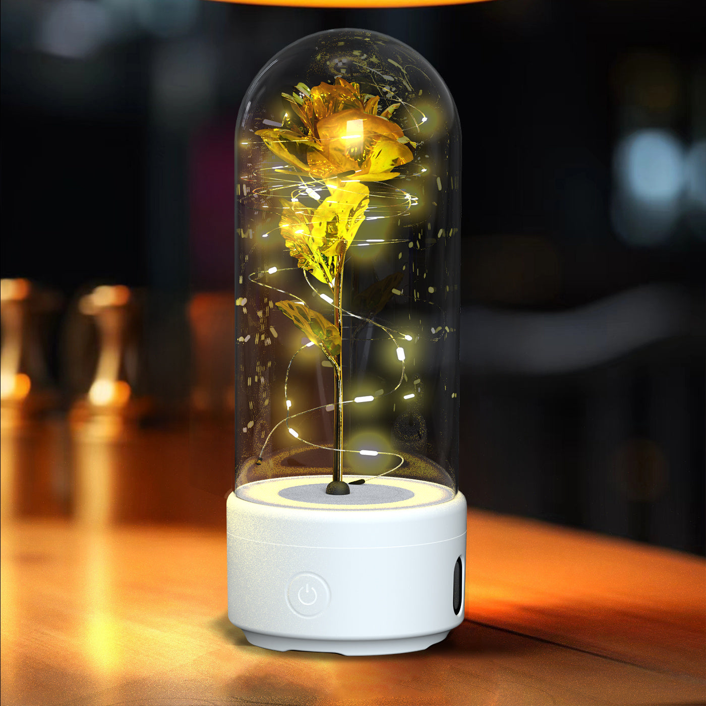 2-in-1 Rose LED Light with Bluetooth Speaker in Glass Dome